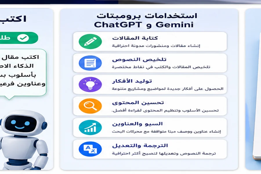 أمثلة برومبتات ChatGPT و Gemini للكتابة والتلخيص