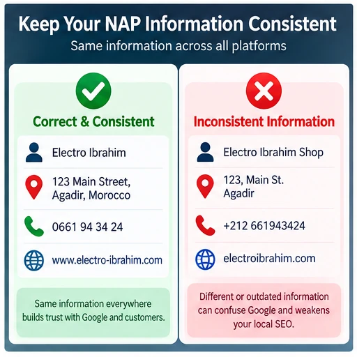 مثال تناسق بيانات NAP الصحيحة مقابل البيانات المتضاربة